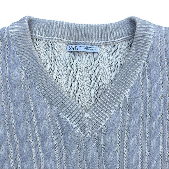 Zara Cable Knit Sleeveless V-Neck Cardigan Sweater Vest Men's Size L Light Blue - Picture 3 of 5